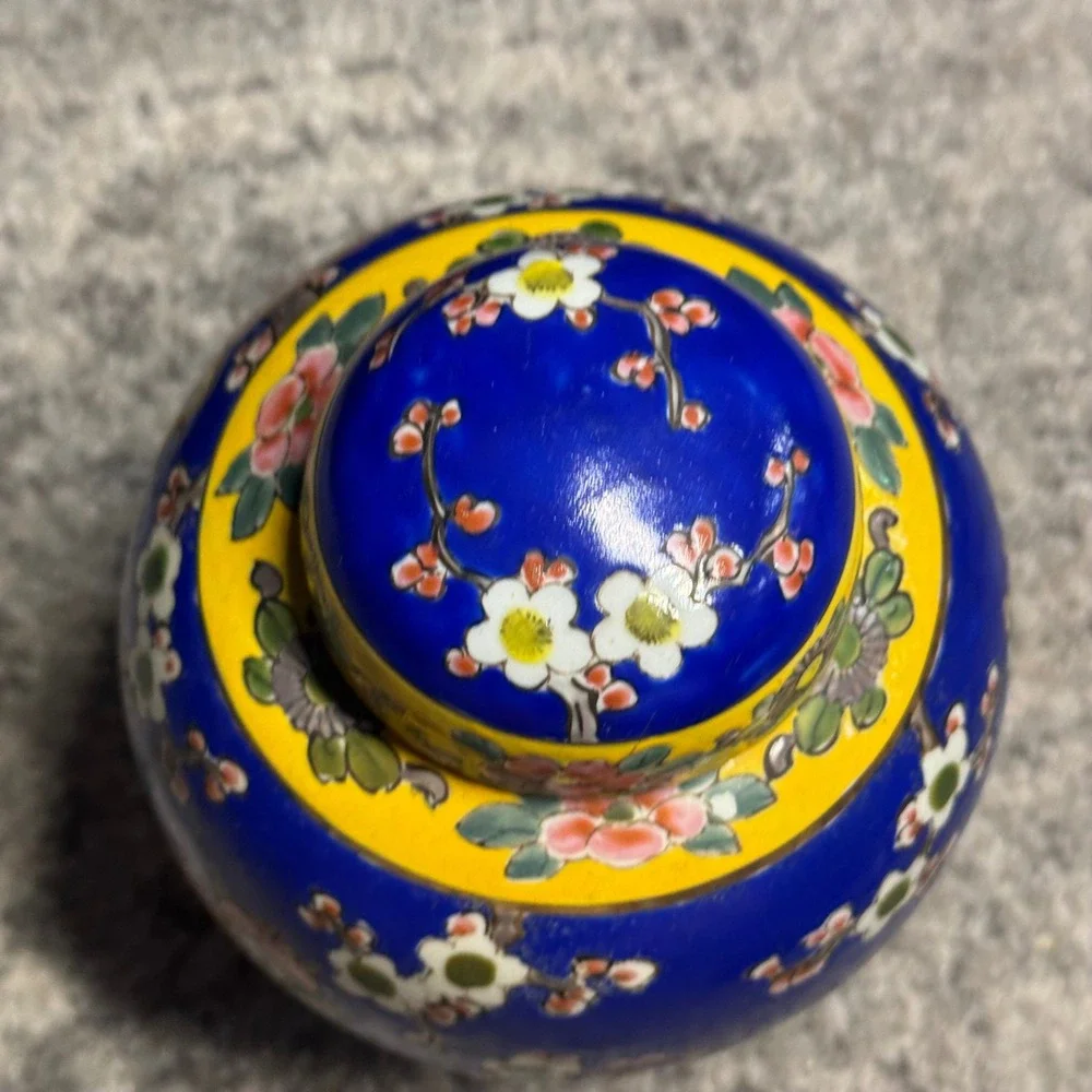 Vintage Made in Japan‎ Ginger Jar Cobalt Blue Yellow Parrot Cherry Blossom 6.5